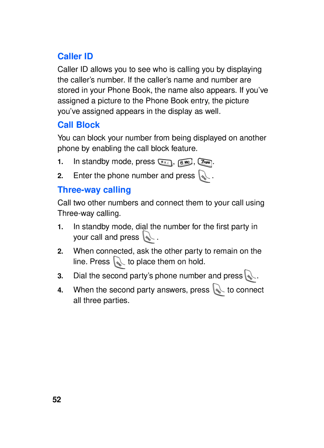 Samsung SCH-a610 manual Caller ID, Call Block, Three-way calling 