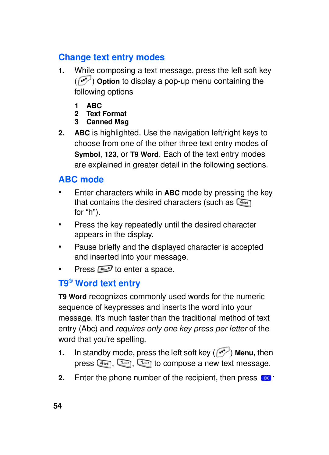 Samsung SCH-a610 manual Change text entry modes, ABC mode, T9 Word text entry, Text Format Canned Msg 