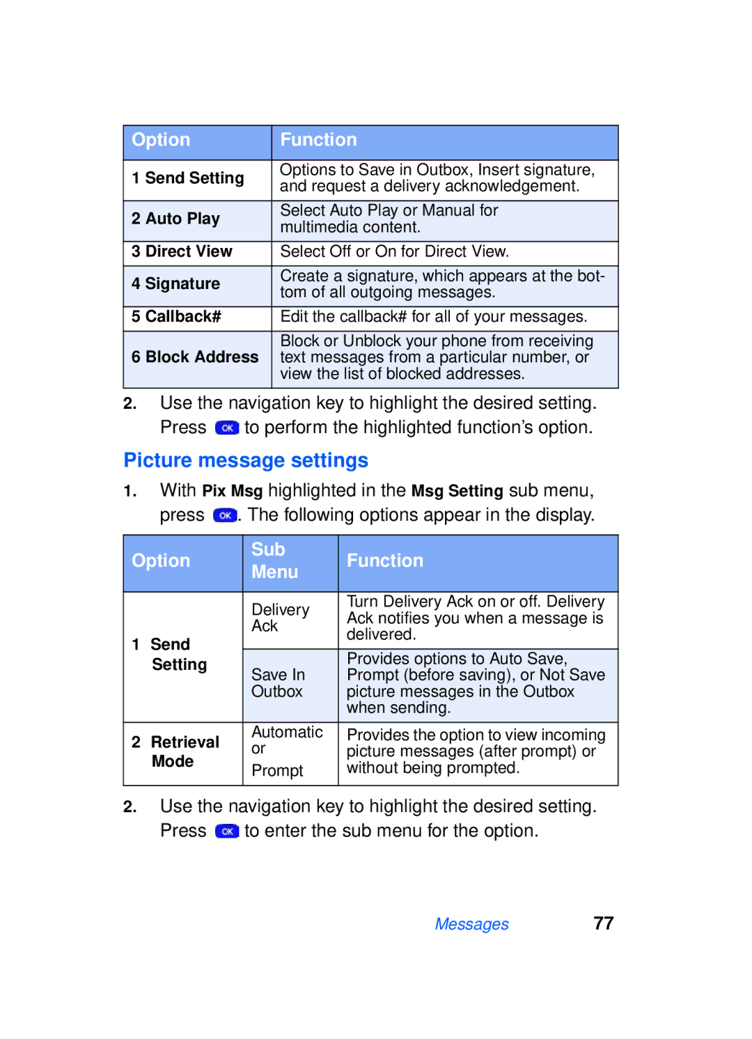 Samsung SCH-a610 manual Picture message settings, Option Sub Function Menu 