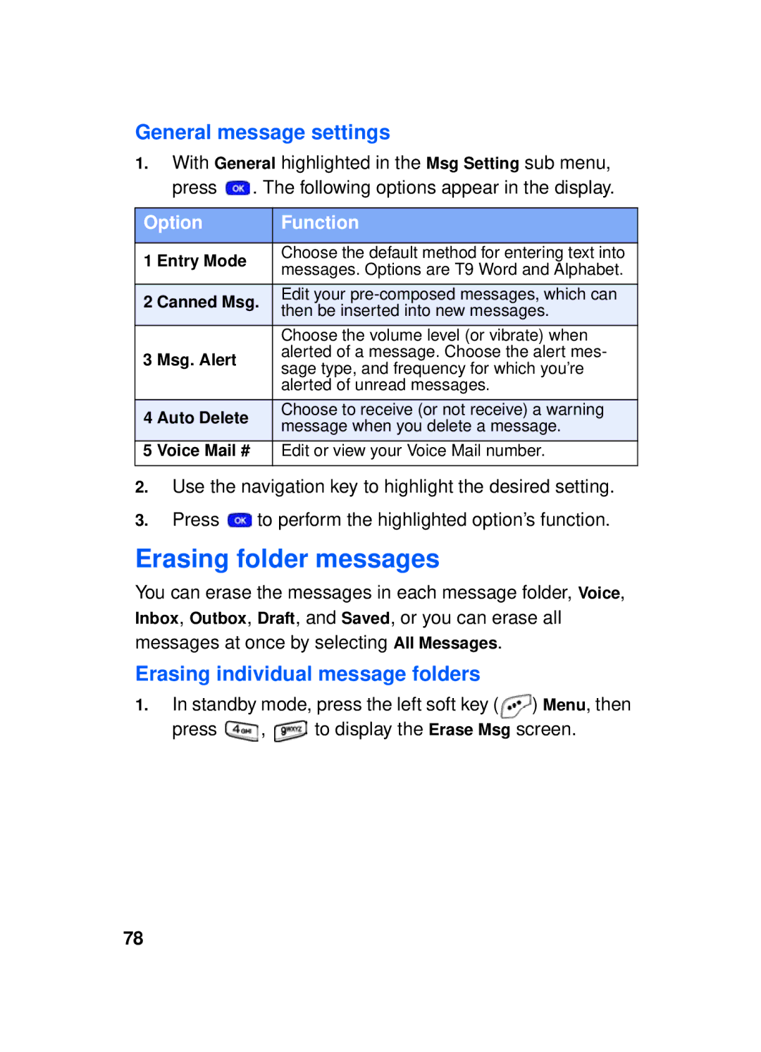 Samsung SCH-a610 manual Erasing folder messages, General message settings, Erasing individual message folders 