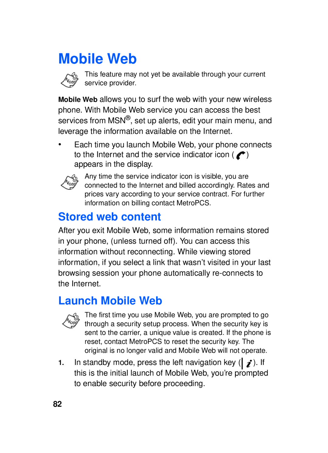 Samsung SCH-a610 manual Stored web content, Launch Mobile Web, To enable security before proceeding 