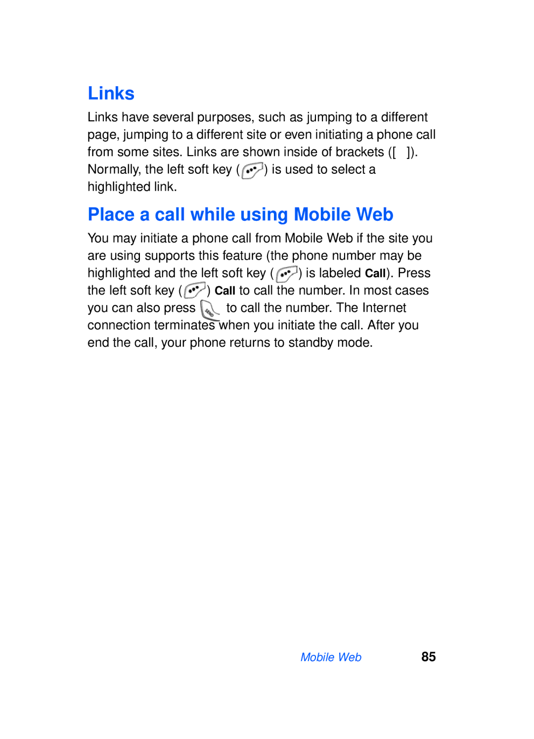 Samsung SCH-a610 manual Links, Place a call while using Mobile Web 