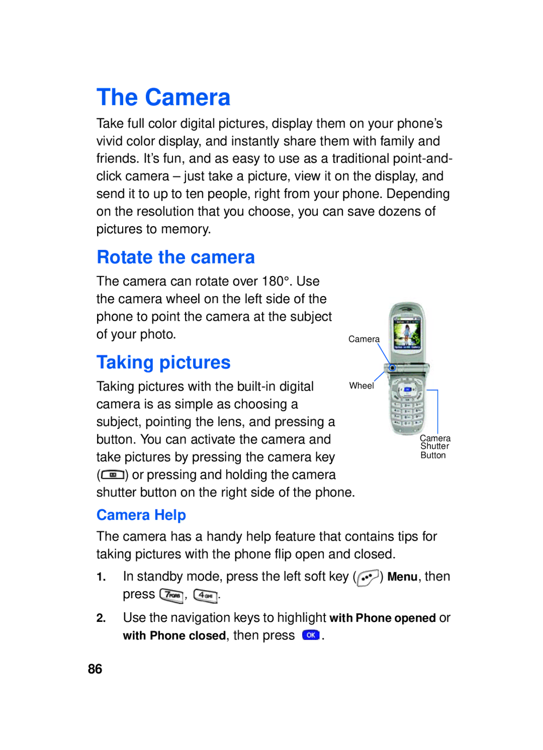 Samsung SCH-a610 manual Rotate the camera, Camera Help, Taking pictures with the built-in digital 