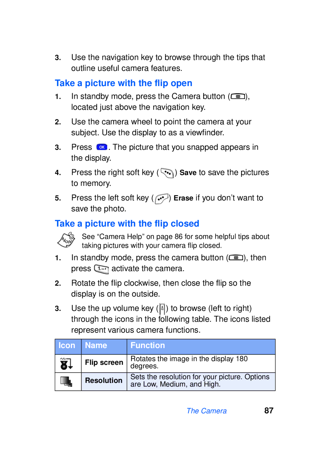 Samsung SCH-a610 manual Take a picture with the flip open, Take a picture with the flip closed, Icon Name Function 