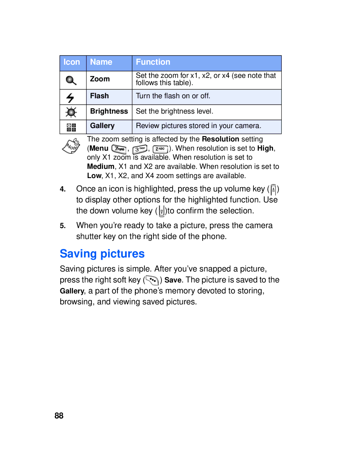 Samsung SCH-a610 manual Saving pictures, Zoom, Flash, Brightness 