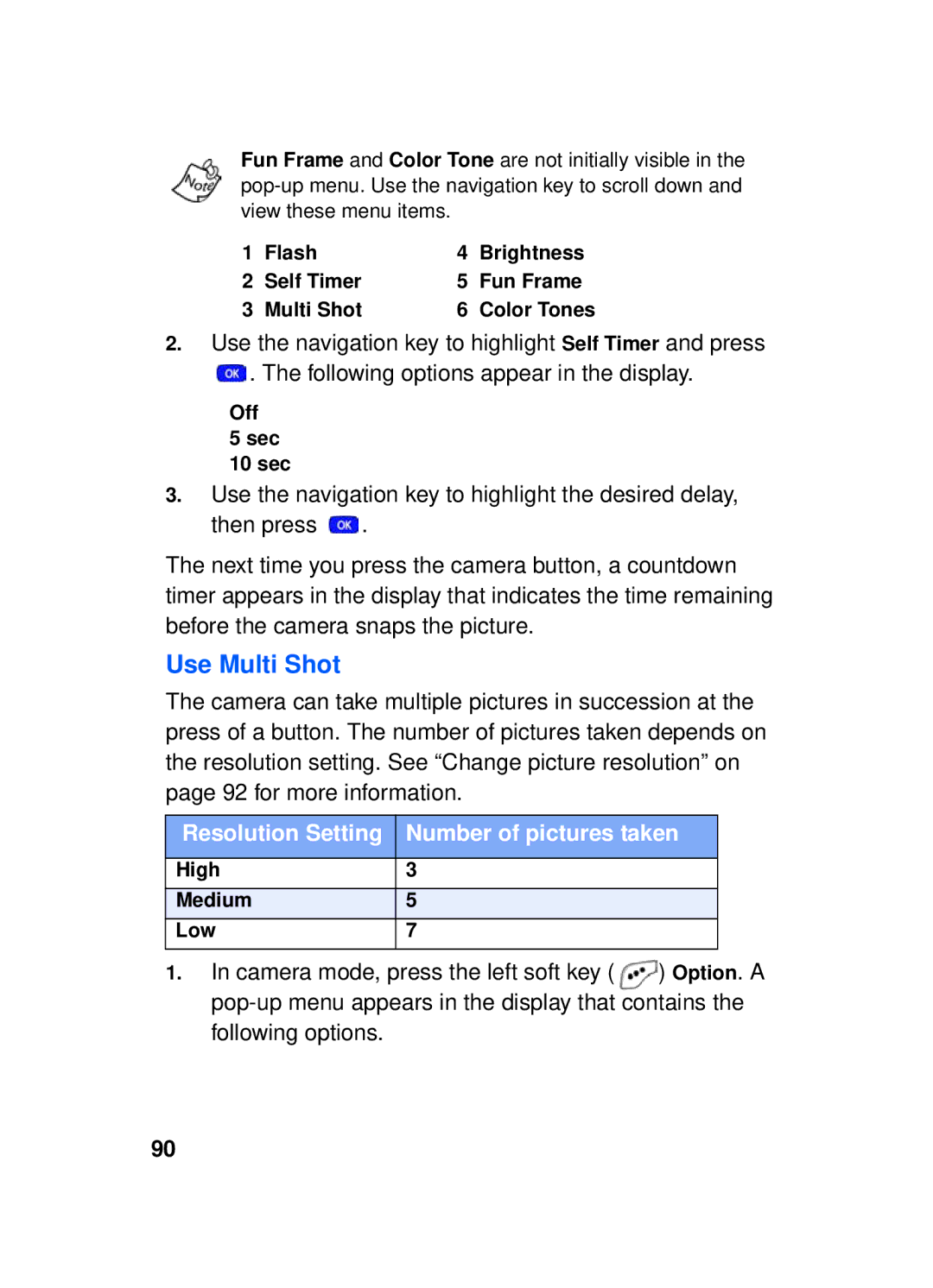 Samsung SCH-a610 manual Use Multi Shot, Resolution Setting Number of pictures taken, Off Sec 10 sec, High Medium Low 