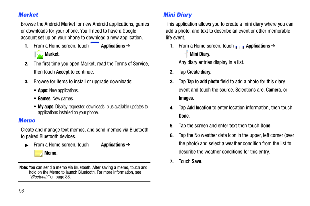 Samsung SCH-I500RKAUSC user manual Market, Memo, Mini Diary 