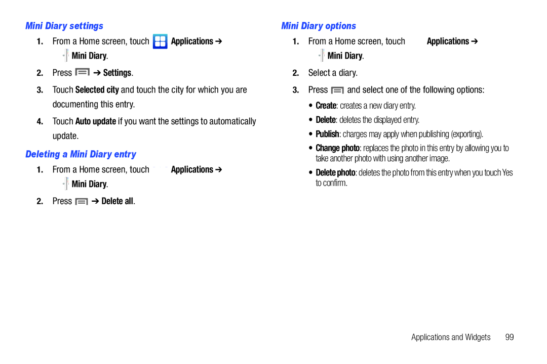 Samsung SCH-I500 Mini Diary settings, Mini Diary Press Settings, Deleting a Mini Diary entry, Mini Diary Press Delete all 