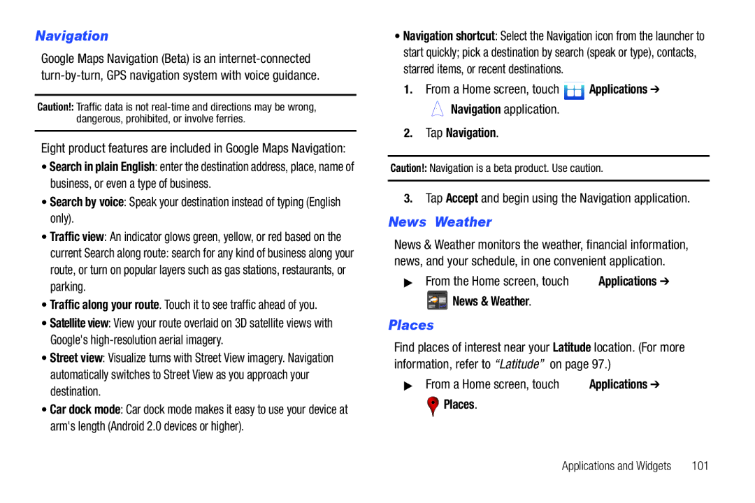 Samsung SCH-I500RKAUSC user manual News & Weather, Places, Navigation application Tap Navigation 