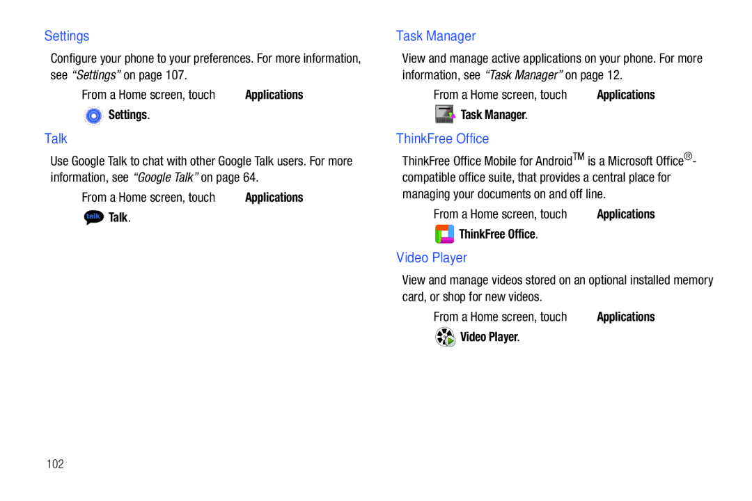 Samsung SCH-I500RKAUSC user manual Settings, Talk, ThinkFree Office, 102 