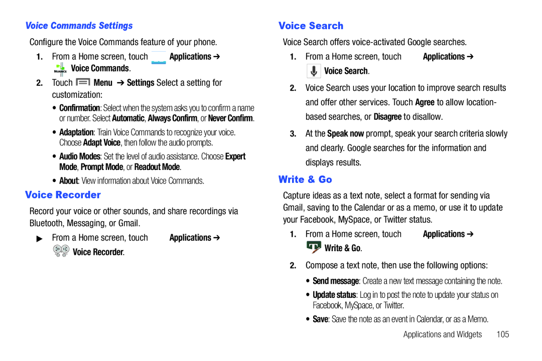 Samsung SCH-I500RKAUSC user manual Voice Recorder, Voice Search, Write & Go, Voice Commands Settings 