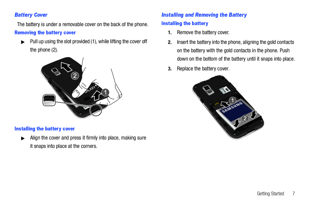 Samsung SCH-I500 Battery Cover, Installing and Removing the Battery, Remove the battery cover, Replace the battery cover 