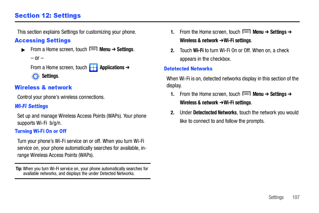 Samsung SCH-I500 Accessing Settings, Wireless & network, Control your phone’s wireless connections, Wi-Fi Settings 