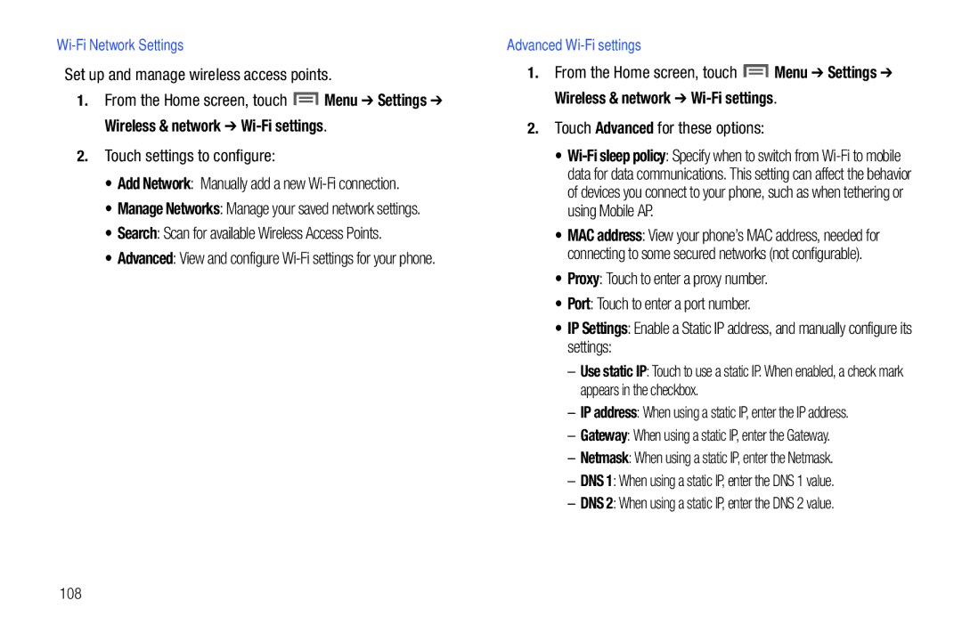 Samsung SCH-I500RKAUSC Set up and manage wireless access points, Touch settings to configure, Wi-Fi Network Settings 