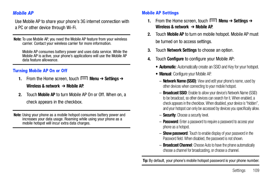 Samsung SCH-I500 Manual Configure your Mobile AP, Security Choose a security level, Turning Mobile AP On or Off 