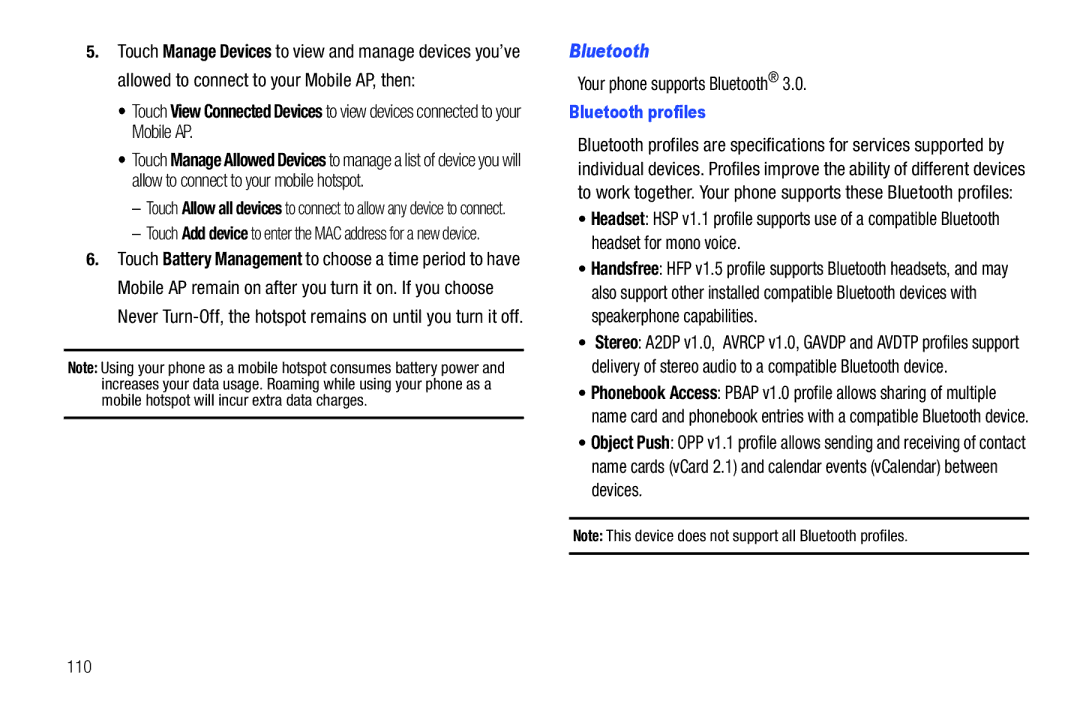 Samsung SCH-I500RKAUSC user manual Your phone supports Bluetooth, Bluetooth profiles 