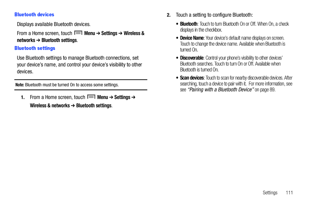 Samsung SCH-I500 Displays available Bluetooth devices, Networks Bluetooth settings, Touch a setting to configure Bluetooth 