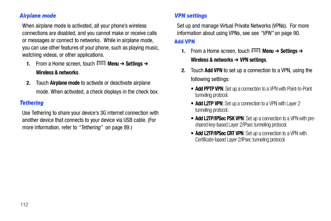 Samsung SCH-I500RKAUSC Airplane mode, From a Home screen, touch Menu Settings Wireless & networks, Tethering, VPN settings 