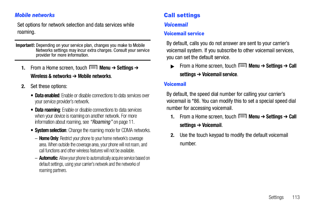 Samsung SCH-I500RKAUSC user manual Call settings, Mobile networks, Set these options, Voicemail 