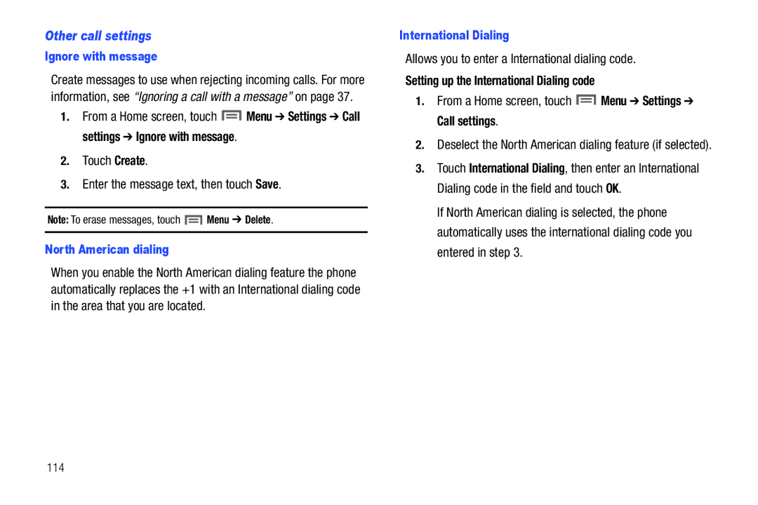 Samsung SCH-I500RKAUSC user manual Other call settings, Touch Create Enter the message text, then touch Save 