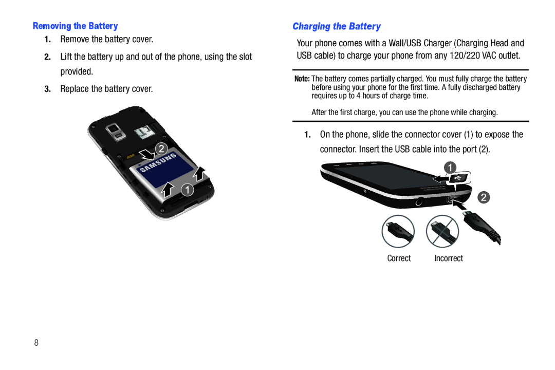 Samsung SCH-I500RKAUSC user manual Charging the Battery, Removing the Battery, Correct Incorrect 