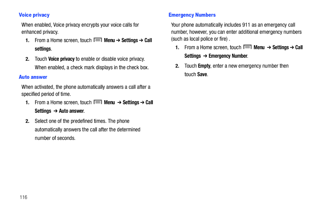 Samsung SCH-I500RKAUSC Touch Empty, enter a new emergency number then touch Save, Voice privacy, Auto answer, 116 