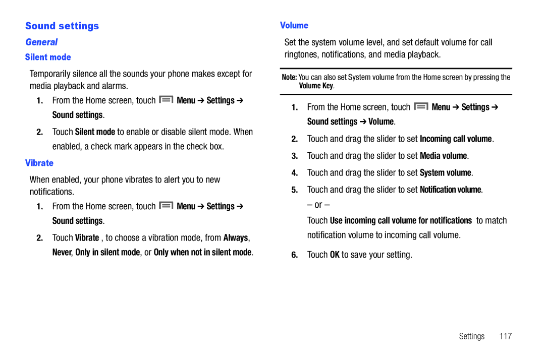 Samsung SCH-I500 General, From the Home screen, touch Menu Settings Sound settings, Touch OK to save your setting 