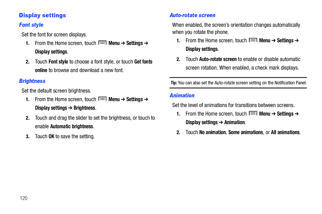 Samsung SCH-I500RKAUSC user manual Display settings, Font style, Brightness, Auto-rotate screen, Animation 