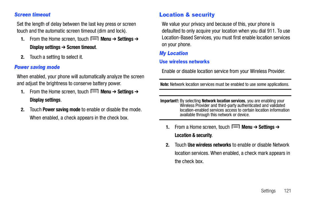 Samsung SCH-I500RKAUSC user manual Location & security, Screen timeout, Power saving mode, My Location 