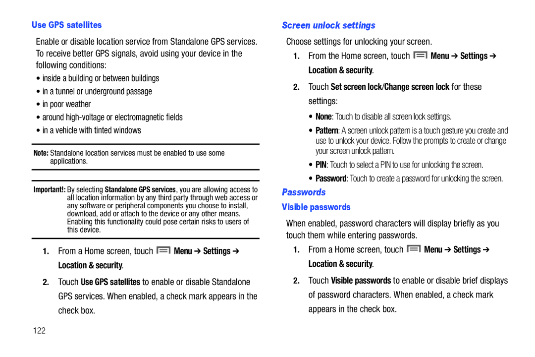 Samsung SCH-I500RKAUSC user manual Screen unlock settings, Choose settings for unlocking your screen, Passwords 