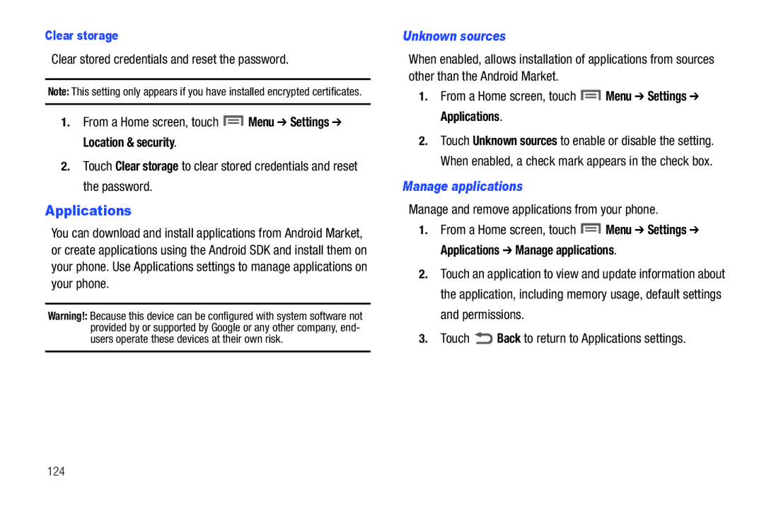 Samsung SCH-I500RKAUSC Unknown sources, From a Home screen, touch Menu Settings Applications, Manage applications 