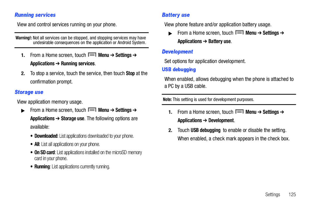 Samsung SCH-I500RKAUSC user manual Running services, Storage use, Battery use, Development 