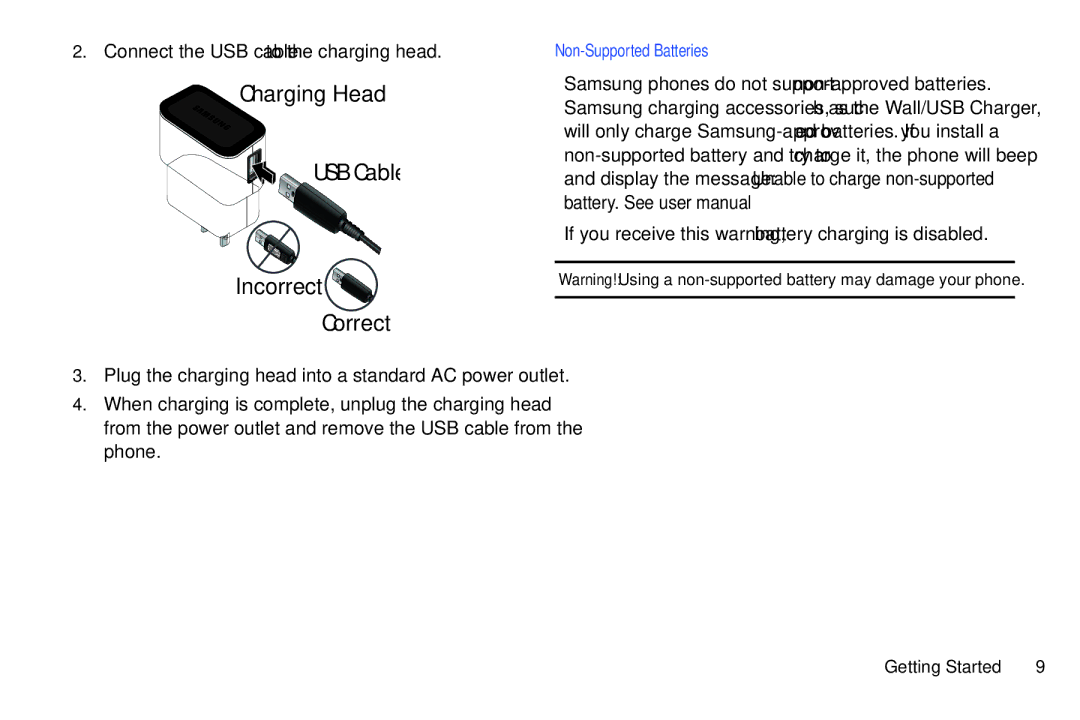 Samsung SCH-I500 Connect the USB cable to the charging head, If you receive this warning, battery charging is disabled 