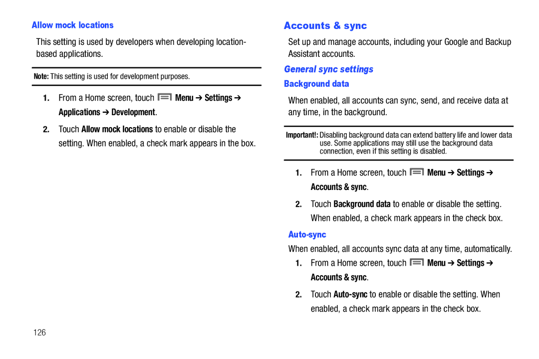 Samsung SCH-I500RKAUSC user manual Accounts & sync, General sync settings, Allow mock locations, Background data, Auto-sync 