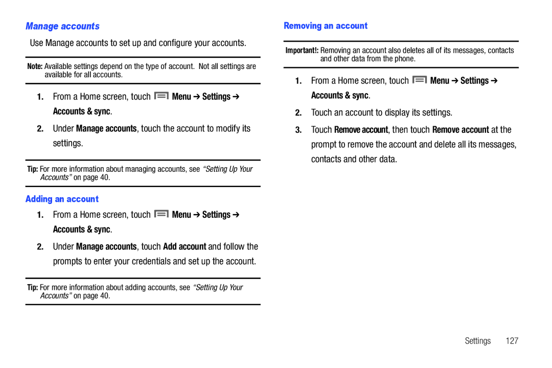 Samsung SCH-I500 Manage accounts, Touch an account to display its settings, Adding an account, Removing an account 