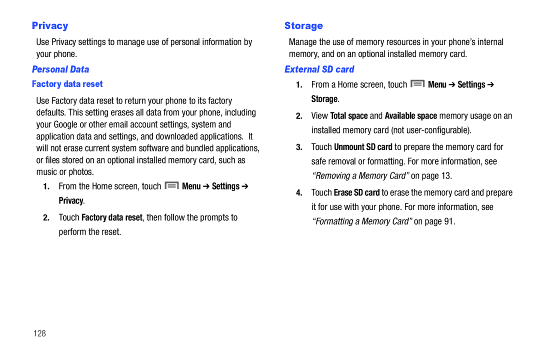 Samsung SCH-I500RKAUSC user manual Privacy, Storage, Personal Data, External SD card 