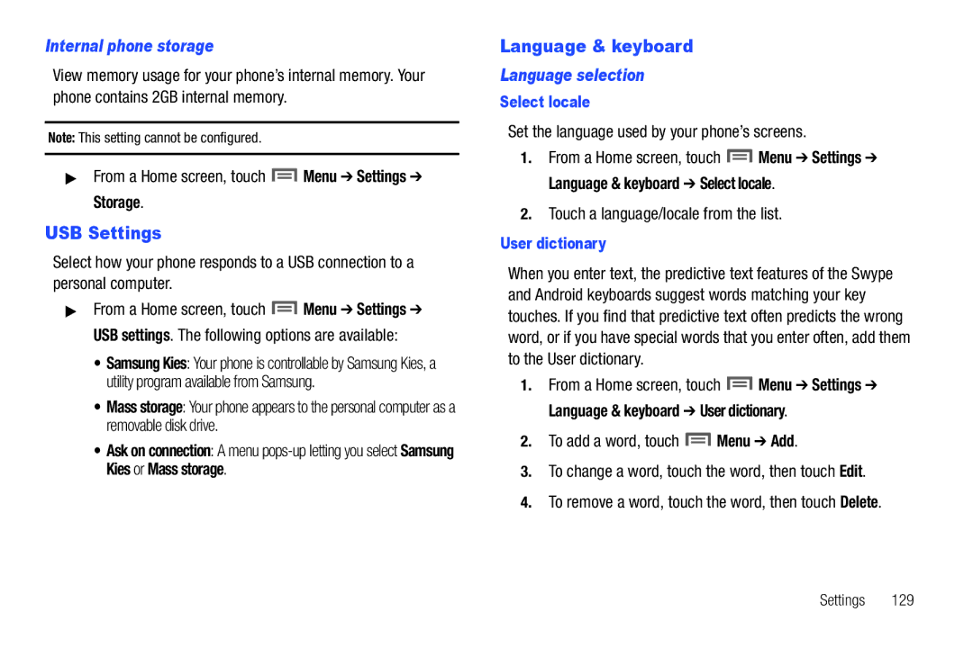 Samsung SCH-I500RKAUSC user manual USB Settings, Language & keyboard, Internal phone storage, Language selection 