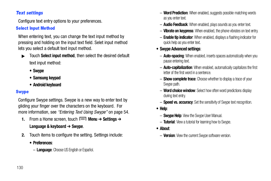 Samsung SCH-I500RKAUSC user manual Text settings, Preferences, Swype Advanced settings, Help, About 