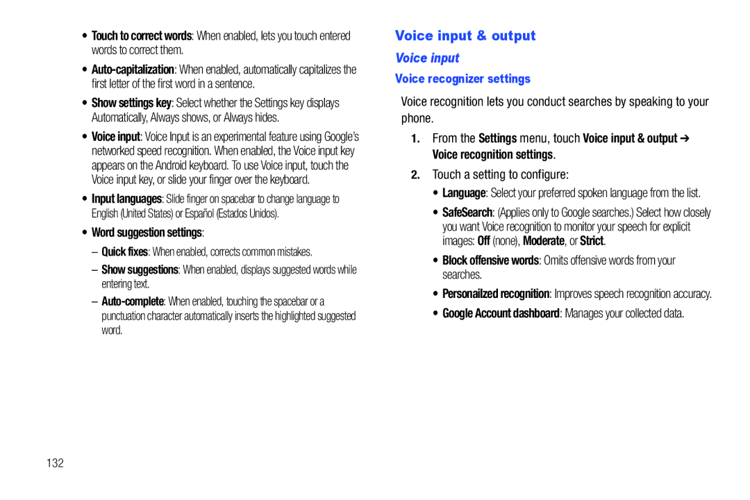 Samsung SCH-I500RKAUSC user manual Voice input & output, Word suggestion settings, Touch a setting to configure 