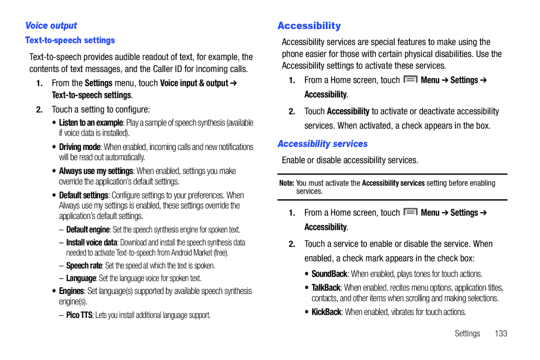 Samsung SCH-I500 Voice output, From a Home screen, touch Menu Settings Accessibility, Accessibility services 