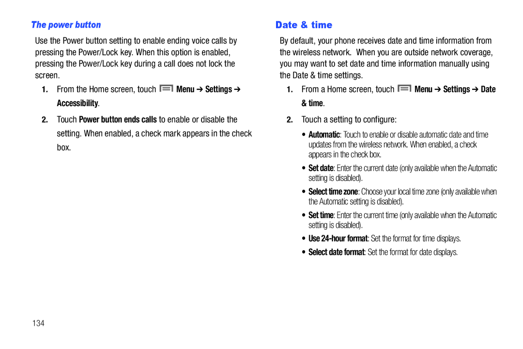 Samsung SCH-I500RKAUSC user manual Power button, From a Home screen, touch Menu Settings Date & time 