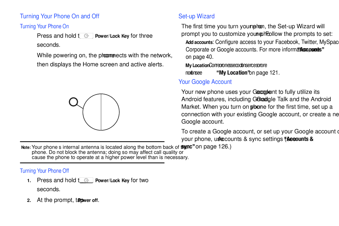 Samsung SCH-I500RKAUSC Turning Your Phone On and Off, Set-up Wizard, Your Google Account, Turning Your Phone Off 