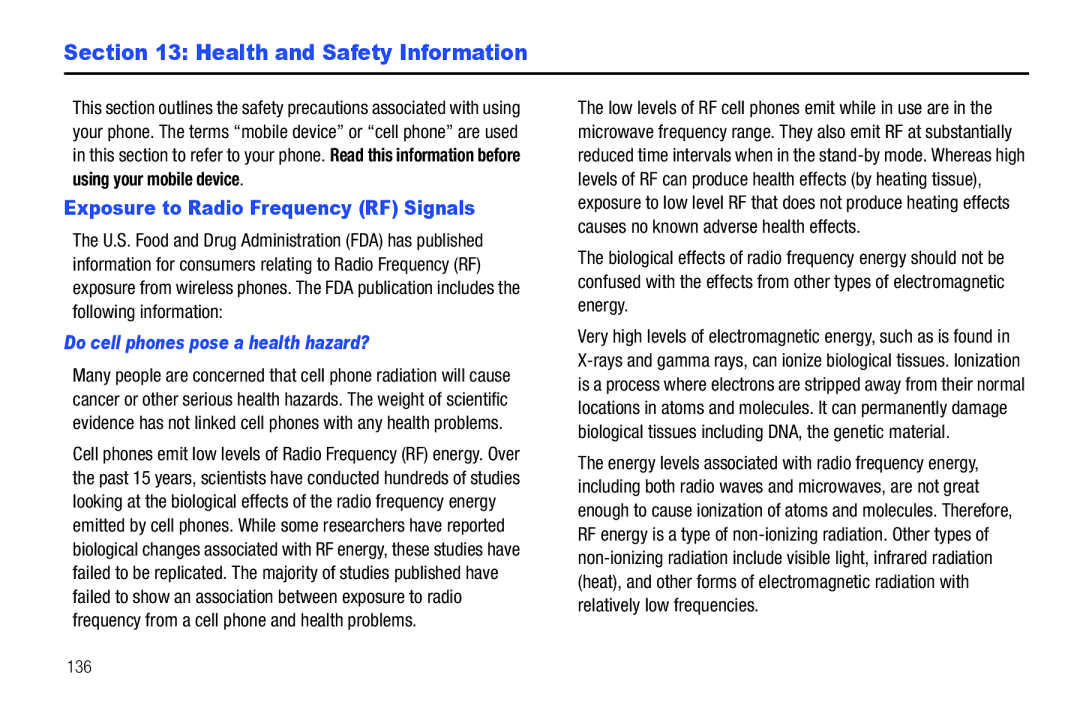 Samsung SCH-I500RKAUSC user manual Health and Safety Information, Exposure to Radio Frequency RF Signals 