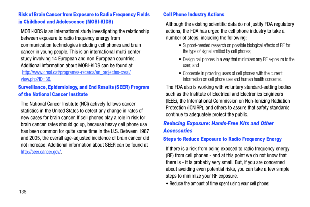 Samsung SCH-I500RKAUSC user manual Reducing Exposure Hands-Free Kits and Other Accessories, Cell Phone Industry Actions 