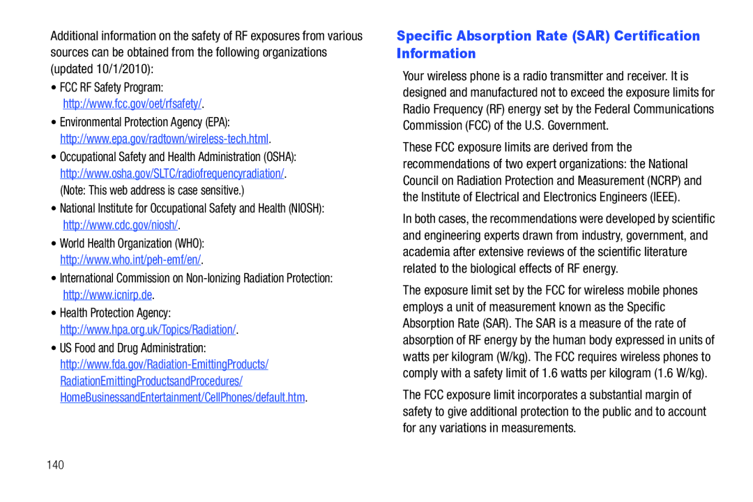 Samsung SCH-I500RKAUSC user manual Specific Absorption Rate SAR Certification Information, 140 