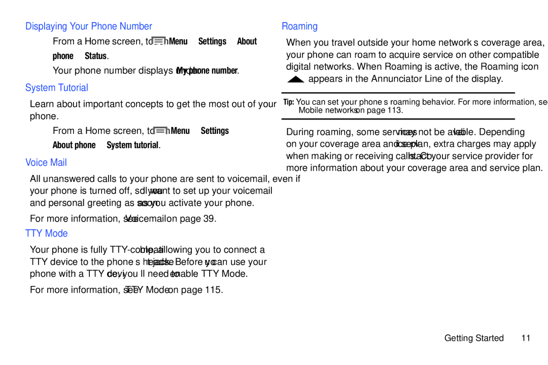 Samsung SCH-I500RKAUSC user manual Displaying Your Phone Number, System Tutorial, Voice Mail, TTY Mode, Roaming 