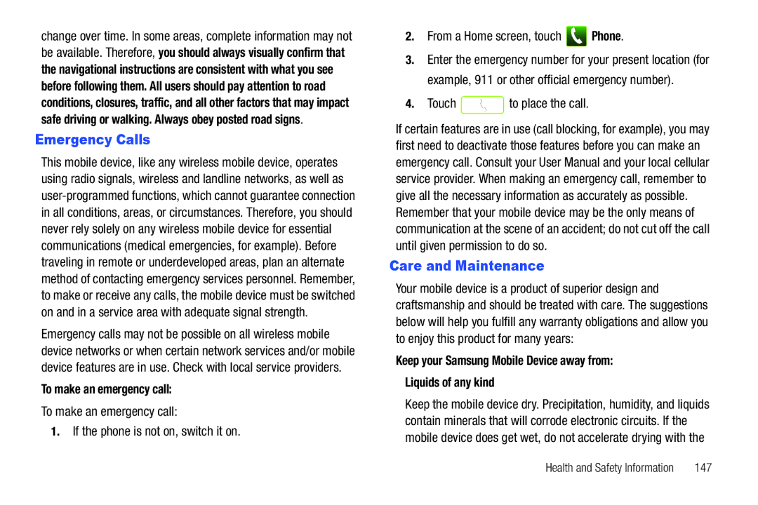 Samsung SCH-I500RKAUSC user manual Emergency Calls, Care and Maintenance, To make an emergency call 