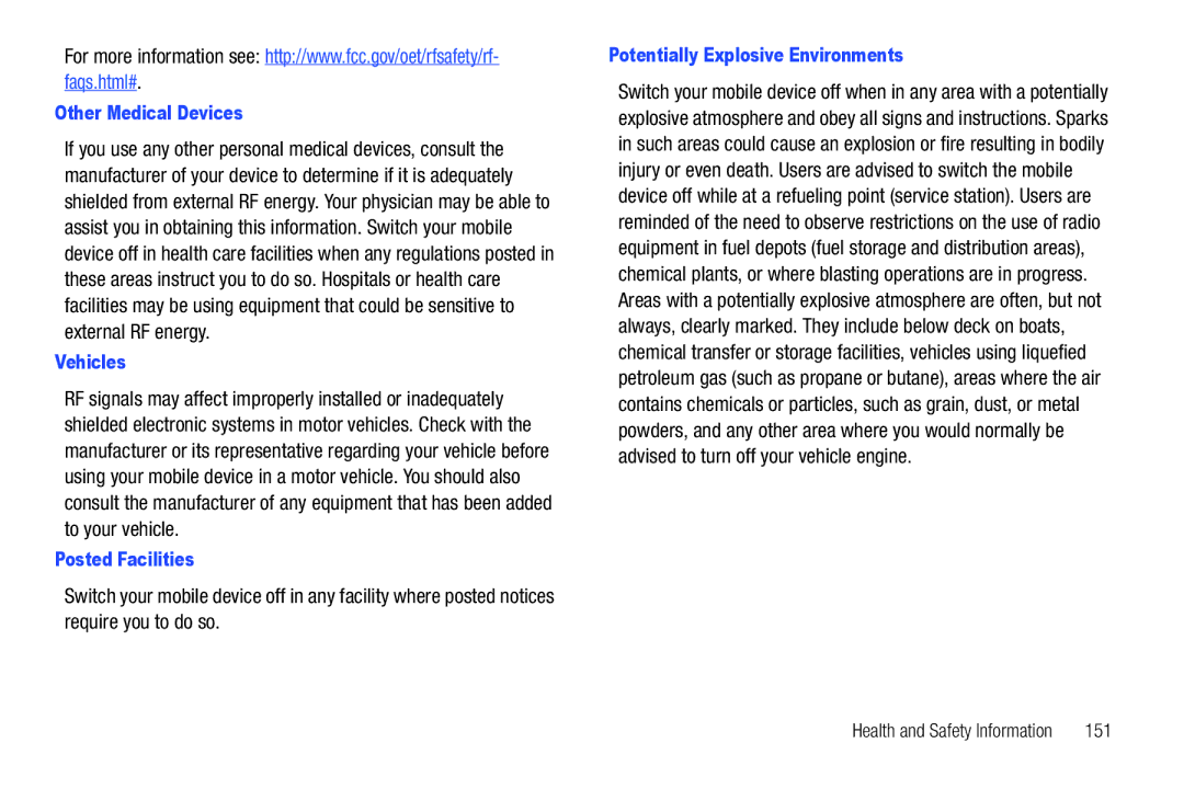 Samsung SCH-I500 user manual Other Medical Devices, Vehicles, Posted Facilities, Potentially Explosive Environments, 151 