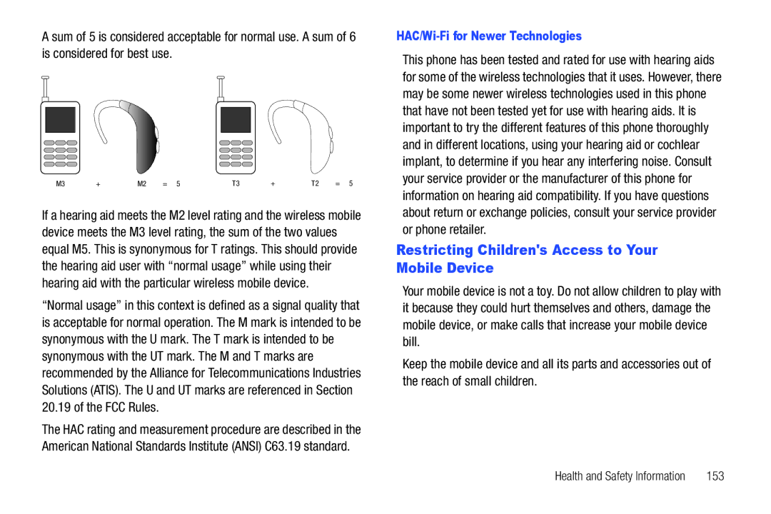 Samsung SCH-I500RKAUSC user manual Restricting Childrens Access to Your Mobile Device, HAC/Wi-Fi for Newer Technologies 