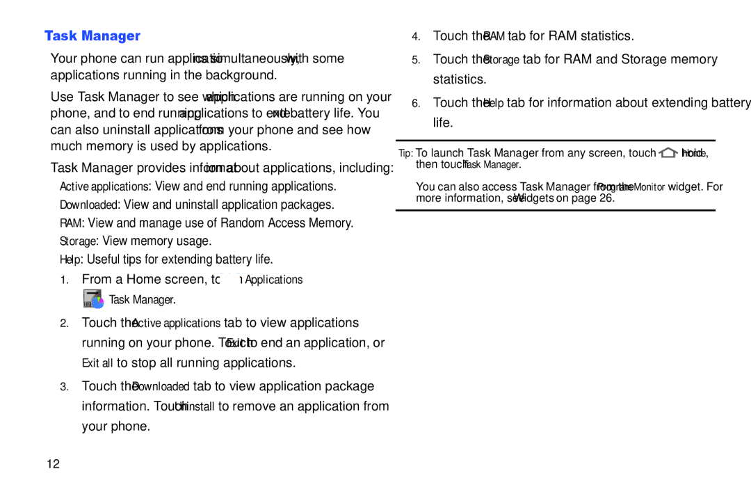 Samsung SCH-I500RKAUSC user manual Task Manager, Downloaded View and uninstall application packages 